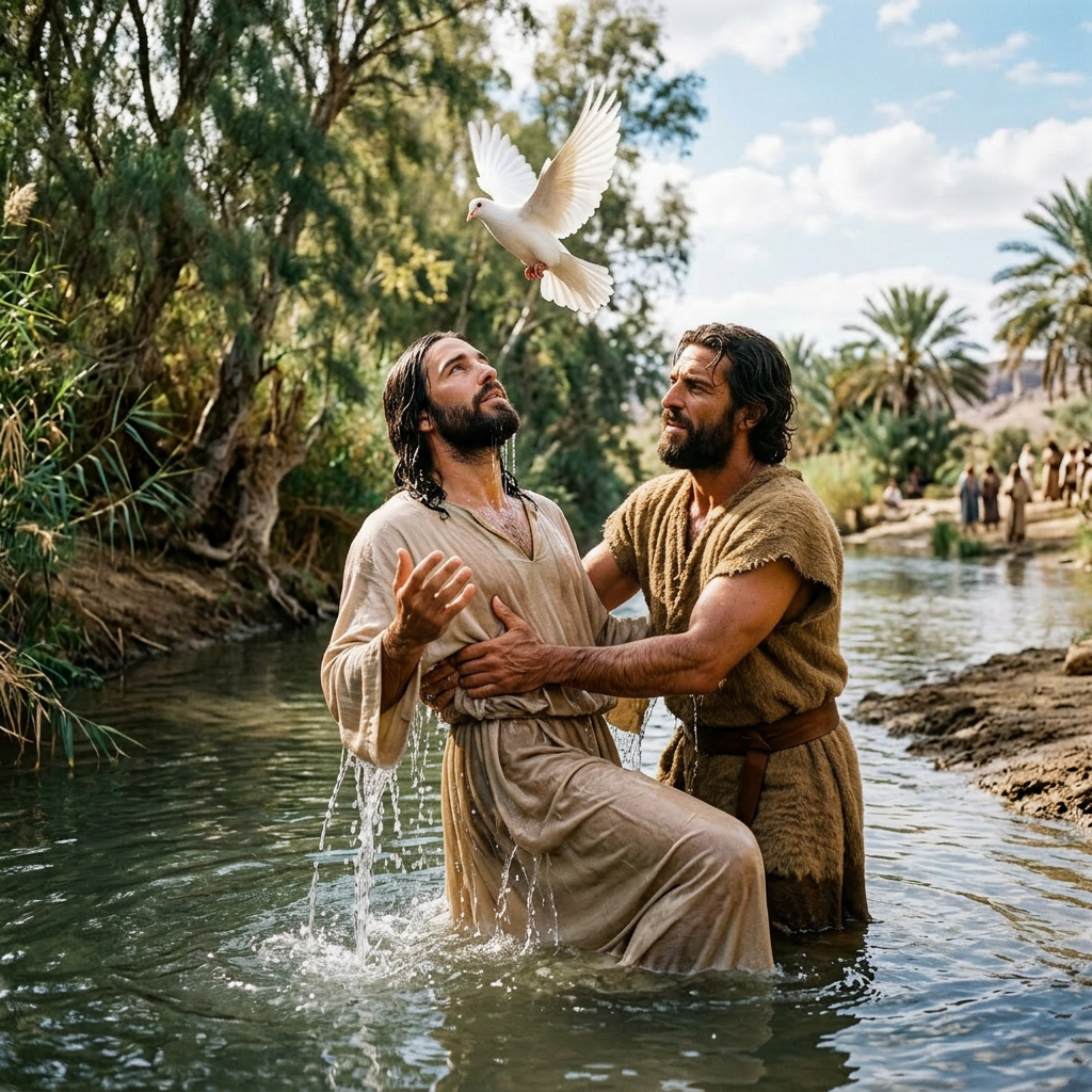 Jesus being baptized in river with dove flying overhead