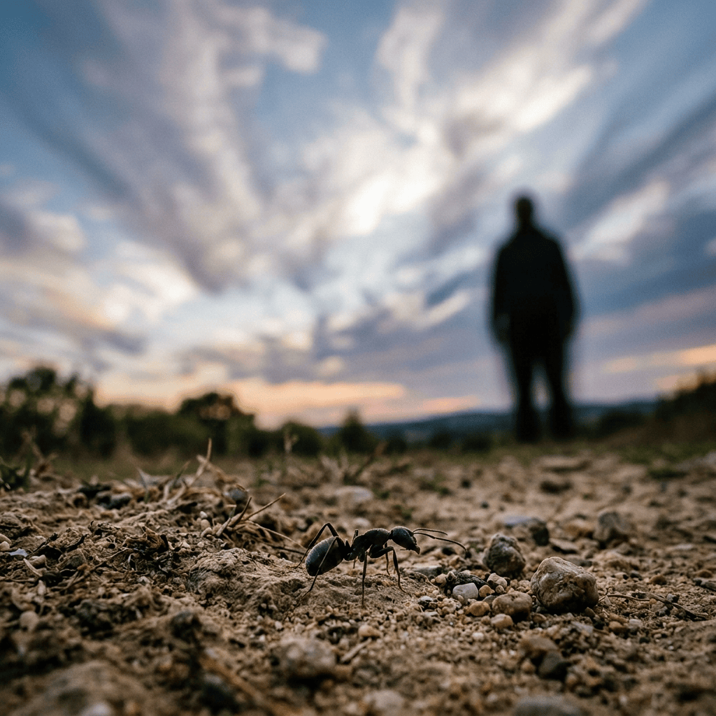 Ant on rocky soil with a blurred person standing under clouds